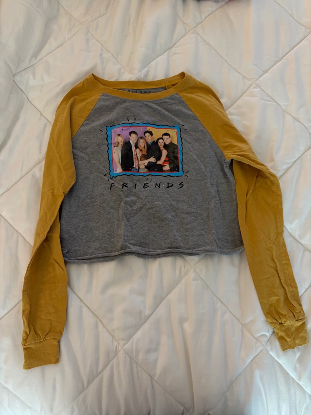 FRIENDS Grey Tee with Mustard Trim and Colorful Graphic